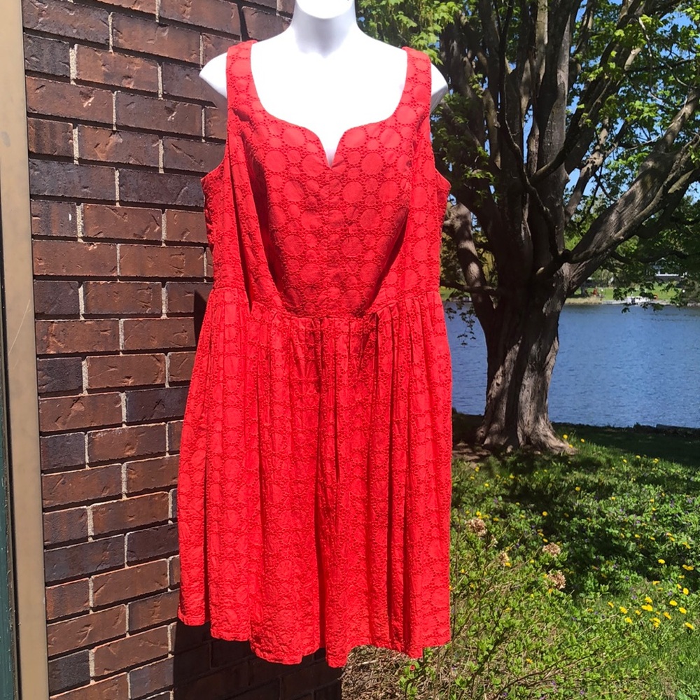 Red Cotton Eyelet Fit-and-Flare Dress
